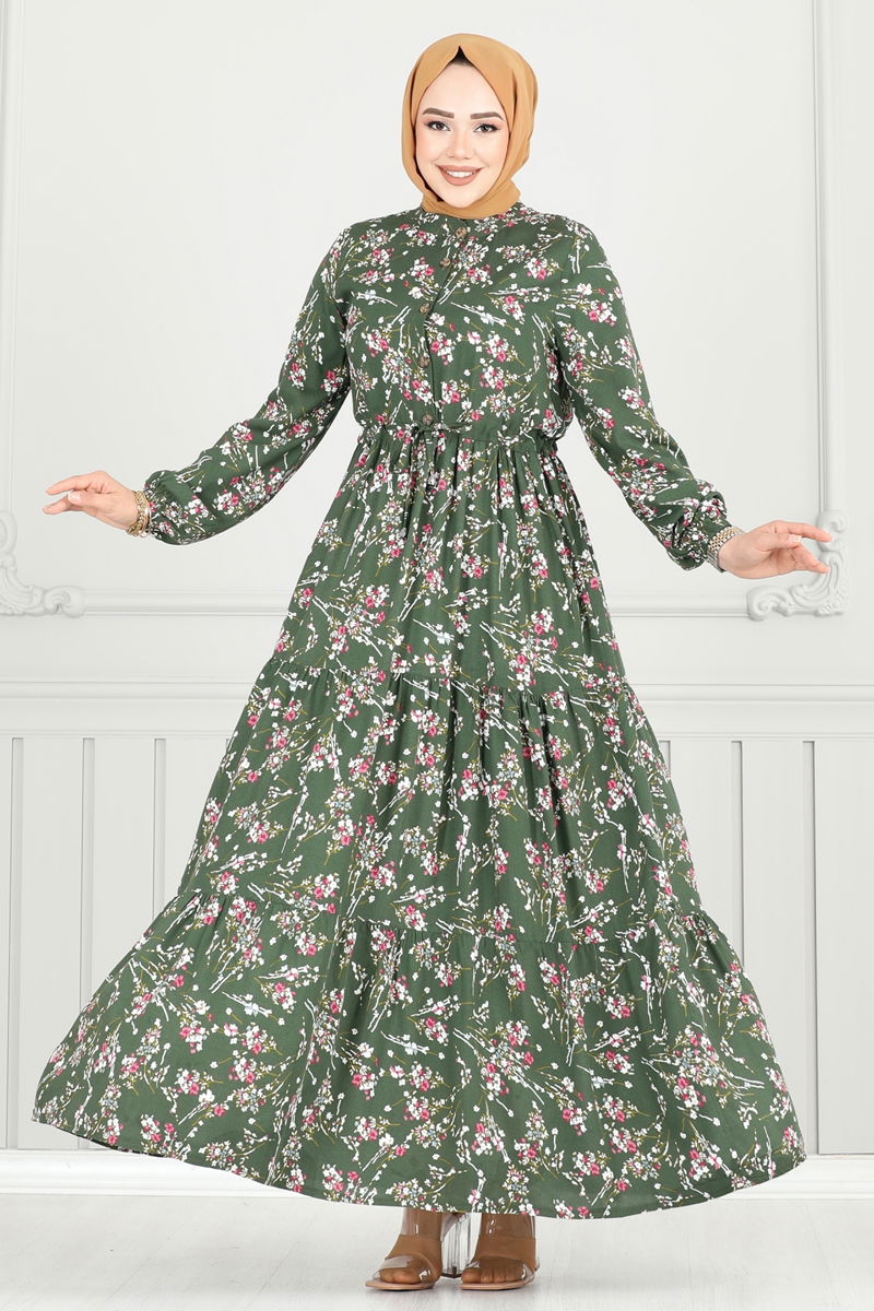 Çiçek Desen Tesettür Elbise 7122BG354-MS Haki