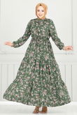 B.G.S. - Çiçek Desen Tesettür Elbise 7122BG354-MS Haki