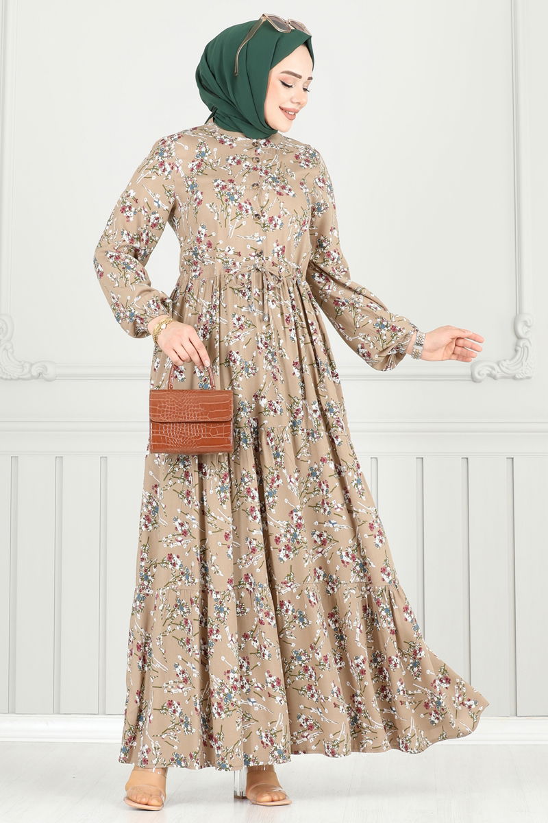 Çiçek Desen Tesettür Elbise 7122BG354-MS Koyu Vizyon