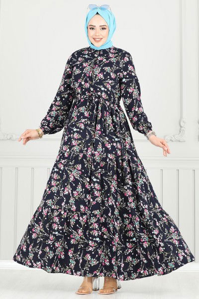 B.G.S. - Çiçek Desen Tesettür Elbise 7122BG354-MS Laci