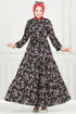 Çiçek Desen Tesettür Elbise 7122BG354-MS Siyah - Thumbnail