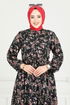 Çiçek Desen Tesettür Elbise 7122BG354-MS Siyah - Thumbnail