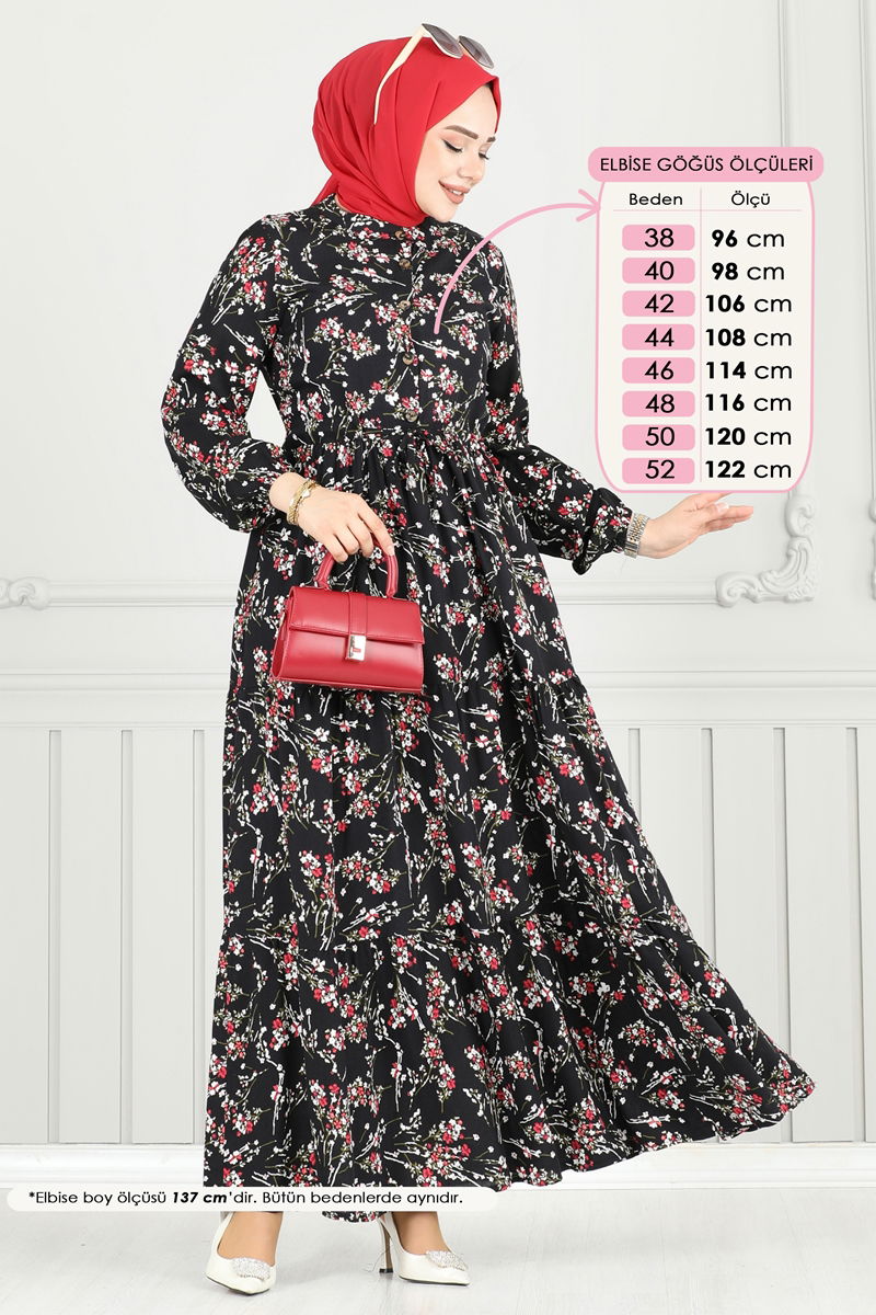 Çiçek Desen Tesettür Elbise 7122BG354-MS Siyah
