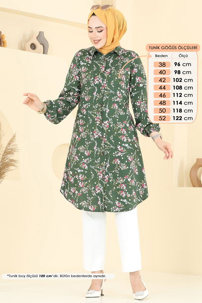 B.G.S. - Çiçek Desen Viskon Tunik 0174BG354-MS Haki - 365318