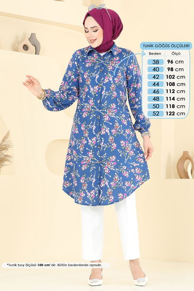 B.G.S. - Çiçek Desen Viskon Tunik 0174BG354-MS İndigo - 365328
