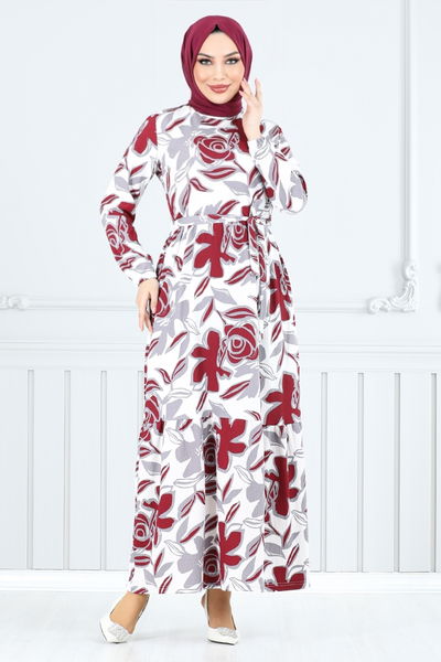 MRV U.Z. - Çiçek Desenli Bürümcük Elbise 5010UZ1029-M Bordo - 351161