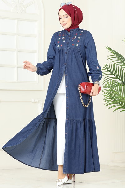 Z.N.E. - Çiçek Detaylı Kot Elbise 108ZNE1011-MS Koyu Kot - 419427