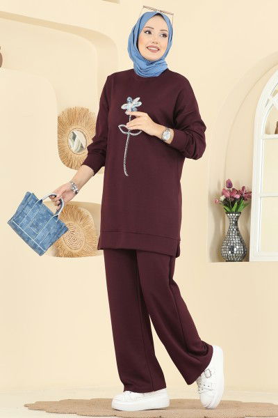 A.Y.D. - Çiçek Detaylı Modal Takım 2730AYD574-MS Bordo