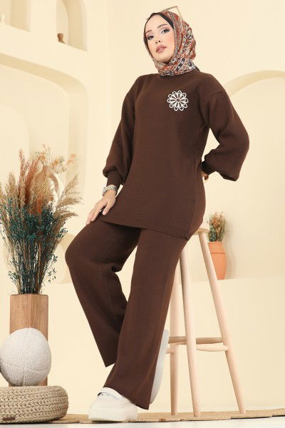 A.Y.D. - Çiçek Detaylı Triko Takım 2724AYD574-MS Kahve