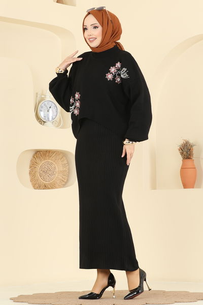 M.T. - Çiçek İşlemeli Elbiseli Takım 1433MT581-MS Siyah - 417860