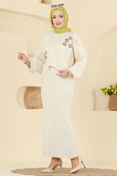 M.T. - Çiçek İşlemeli Elbiseli Takım 1433MT581-MS Taş - 417847