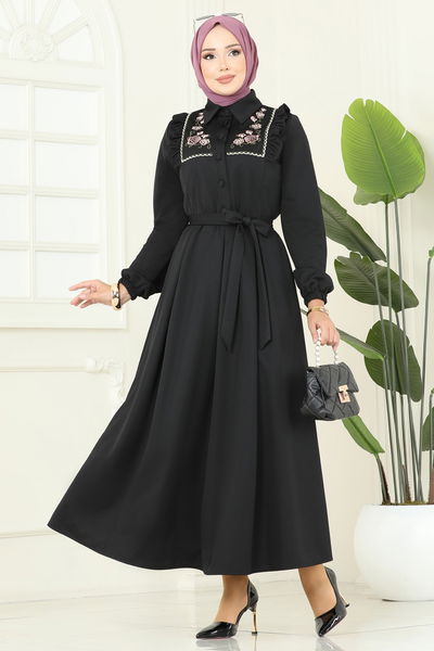 S.L. - Çiçek Nakışlı Dabıl Elbise 2725SL432-MS Siyah - 392655