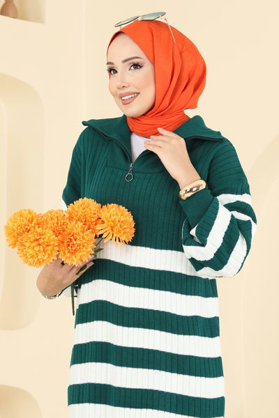 B.R.Z - Çizgi Detaylı Triko Elbise 11042BRZ597-MS Zümrüt - 404934