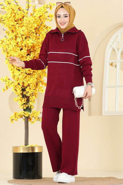 B.R.Z - Çizgi Detaylı Triko Takım 01050BRZ597-MS Bordo - 413903