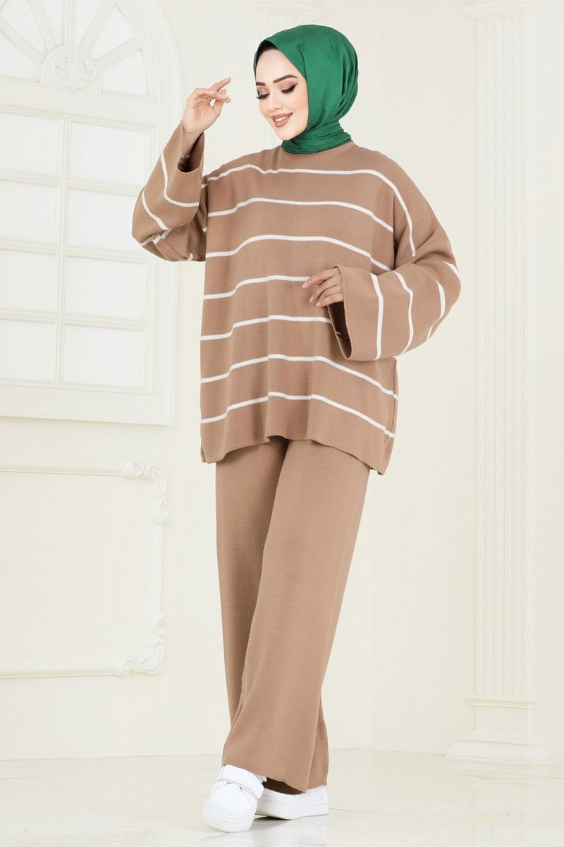 Çizgi Detaylı Triko Takım 3083BRZ597-MS Latte