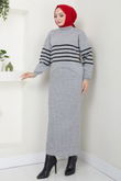 U.Z. - Çizgili Kazak Detaylı Elbise 9014UZ662-MS Gri