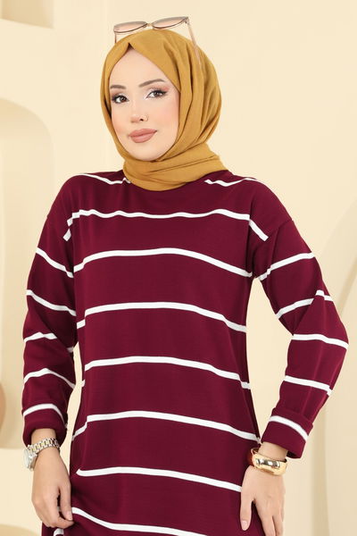 A.Y.D. - Çizgili Triko Elbise 2747AYD574-MS Bordo - 411325