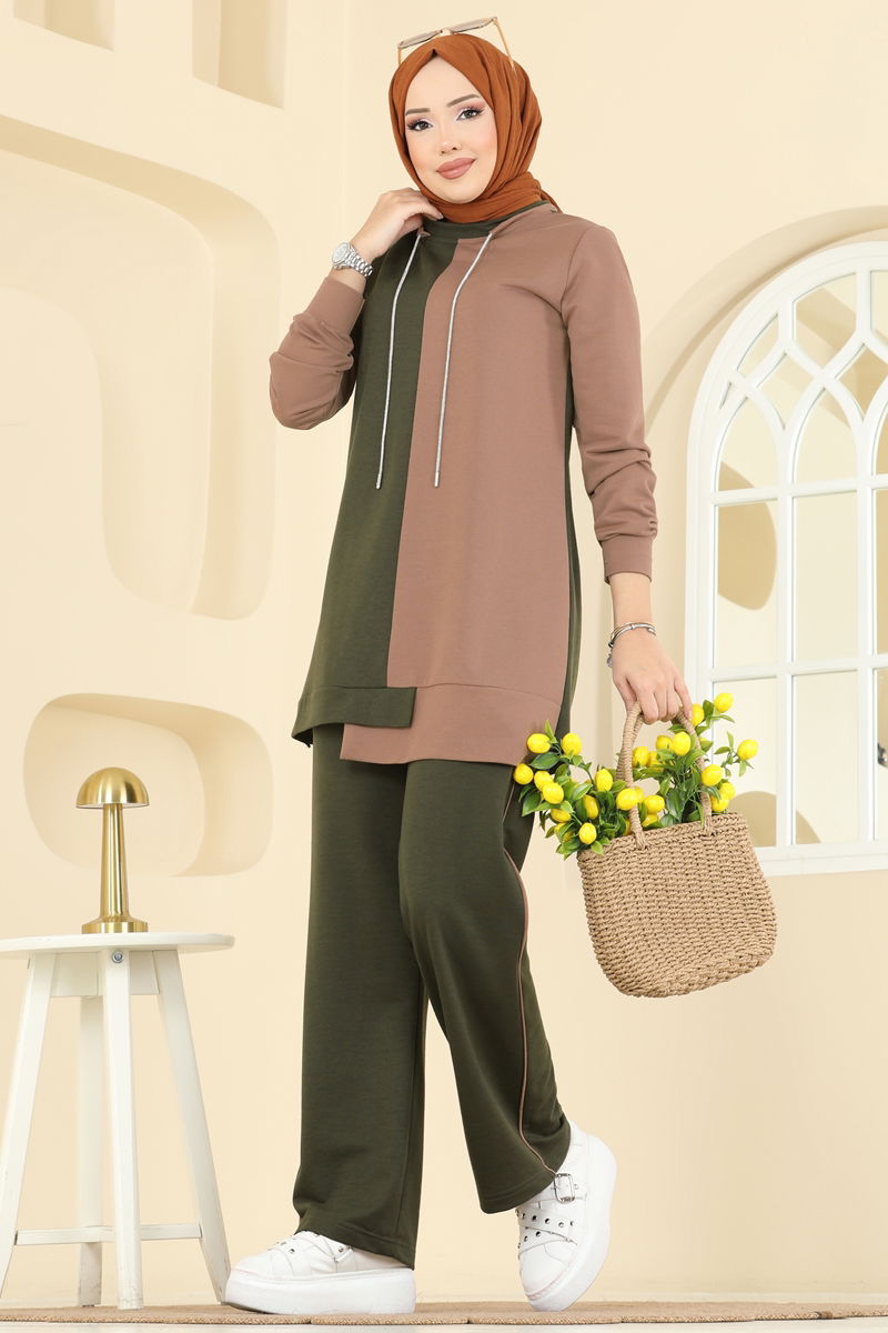 طقم أخضر عفني وبيج غامق 2750SL432-MS