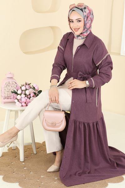 P.R.M. - Dantel Detaylı Kemerli Elbise 4130PM271-MS Koyu Gül Kurusu - 411569