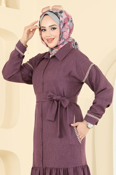 P.R.M. - Dantel Detaylı Kemerli Elbise 4130PM271-MS Koyu Gül Kurusu - 411571