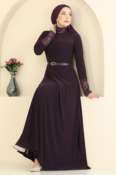 A.N.T. - Dantel Detaylı Sandy Elbise 2460ANT466-MS Mürdüm - 426372