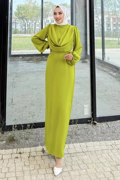 A.L.G. - Degaje Yaka Saten Abiye 4550ALG474-MS Yağ Yeşili