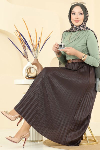 O.Z.T. - Deri Görünümlü Piliseli Etek 030OZT1013-MS Kahve