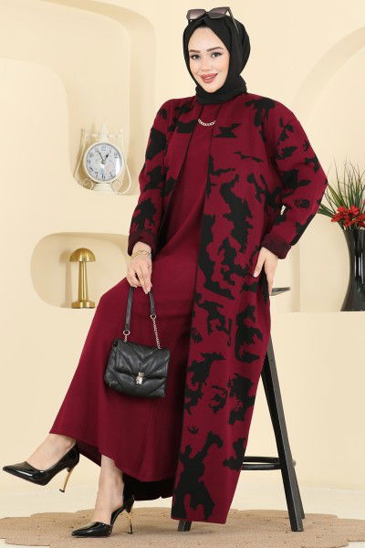 A.Y.D. - Desen Detaylı Elbiseli Takım 2768AYD574-MS Bordo