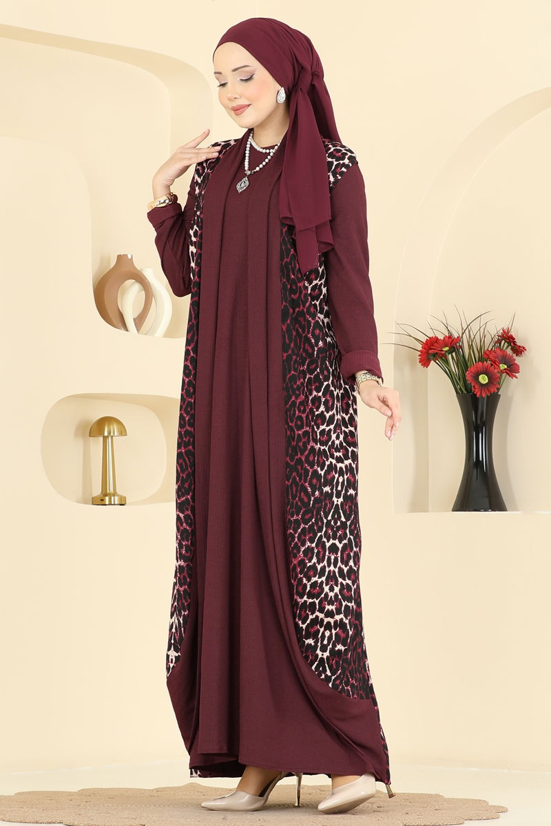 Desenli Bürümcük Yelekli Takım 0350ERK1158-MS Desen1 Bordo