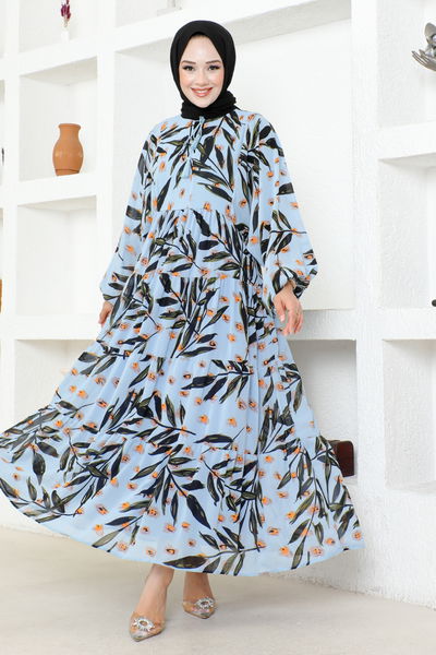 M.S.L. - Desenli Şifon Elbise MAS2394-MS Mavi - 410306