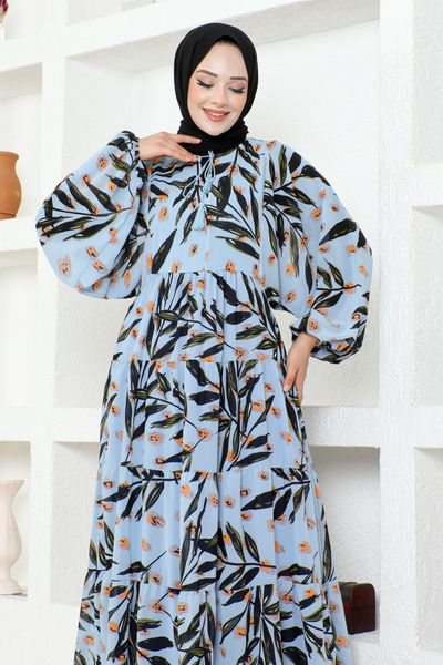 M.S.L. - Desenli Şifon Elbise MAS2394-MS Mavi - 410307