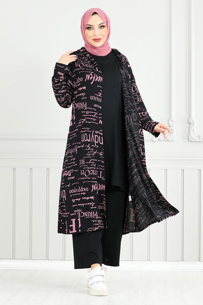 MRV B.G.S. - Desenli Üçlü Tesettür Kombin 4012BGS895-M Gül Kurusu&Siyah - 352170