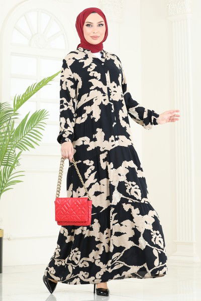 Z.N.N. - Desenli Viskon Elbise 4084ZNN863-MS Siyah&Taş