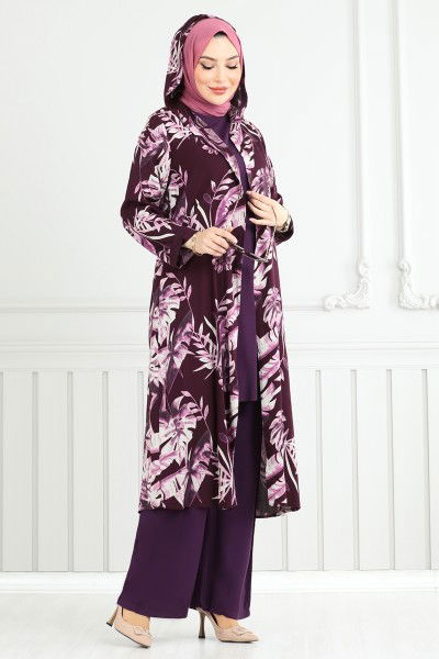 B.G.S. - Desenli Viskon Üçlü Takım 4030BG354-MS Mürdüm