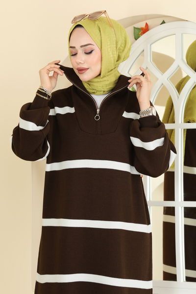 T.P.K. - Dik Yaka Çizgili Elbise 1298TPK1167-MS Kahve - 416751