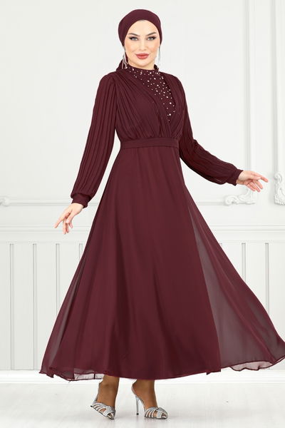 MRV A.L.G. - Drape Detay Taşlı Abiye 0404ALG1079-M Bordo - 352994