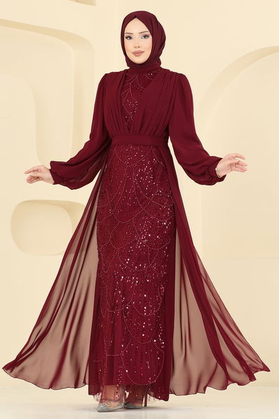 E.D.F. - Drape Detaylı Boncuklu Abiye 5725EDF311-MS Bordo - 418778