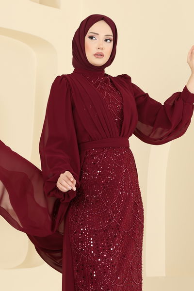 E.D.F. - Drape Detaylı Boncuklu Abiye 5725EDF311-MS Bordo - 418780