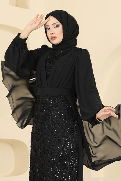 E.D.F. - Drape Detaylı Boncuklu Abiye 5725EDF311-MS Siyah - 418787