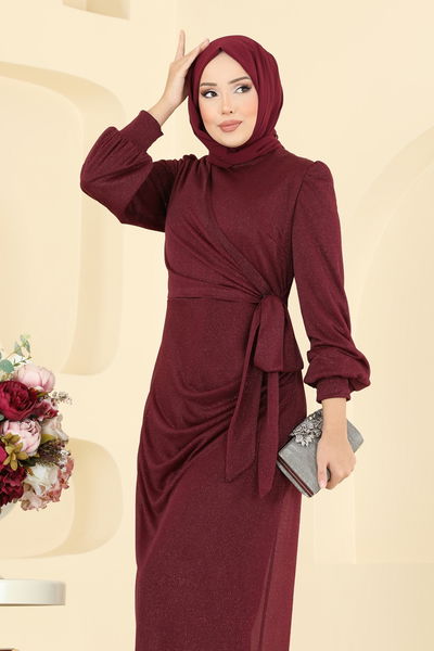E.L.C.K. - Drape Detaylı Simli Abiye 2829ELCK1161-MS Bordo - 404549