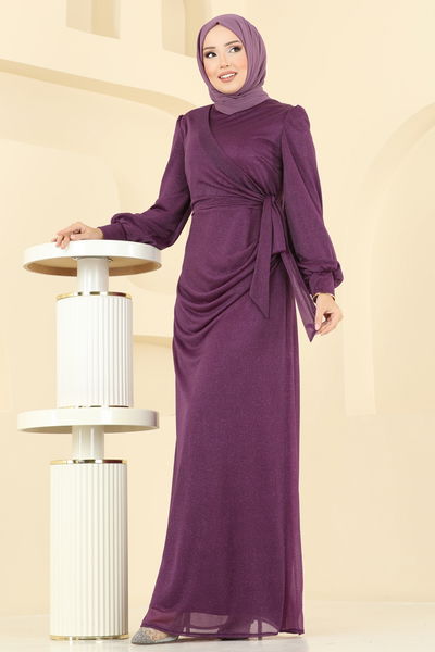 E.L.C.K. - Drape Detaylı Simli Abiye 2829ELCK1161-MS Mürdüm - 404516