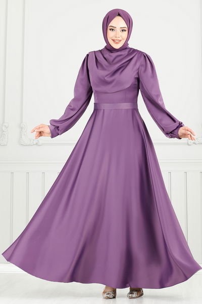 E.D.F. - Drapeli Saten Abiye 5681EDF311-MS Koyu Lila - 363992