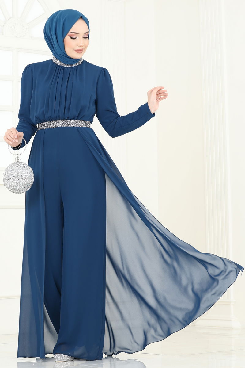 Drapeli Şifon Abiye Tulum 5006AB368-MS Petrol