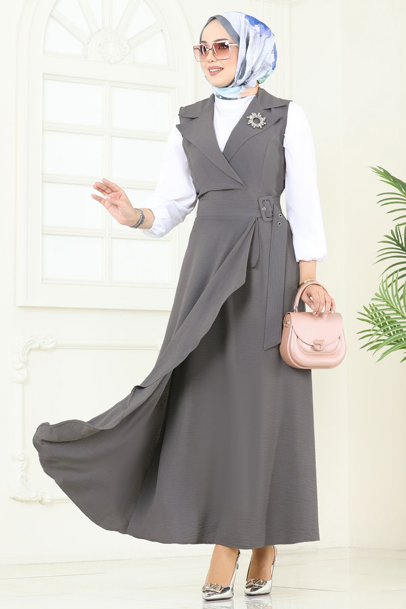 فستان بلا اكمام رمادي غامق 9036S324-MS