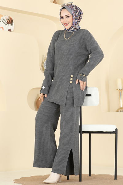 M.T. - Düğme Aksesuarlı Triko Takım 1336MT581-MS Antrasit - 417628