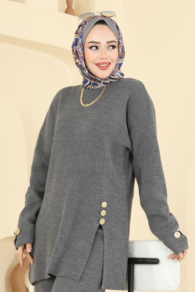 M.T. - Düğme Aksesuarlı Triko Takım 1336MT581-MS Antrasit - 417629