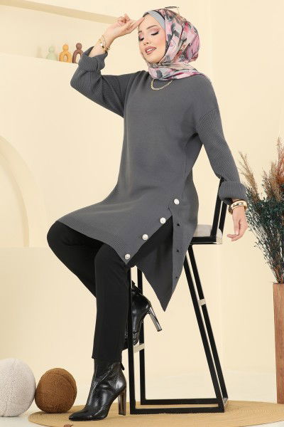 A.Y.D. - Düğme Detay Yırtmaçlı Tunik 2716AYD574-MS Füme