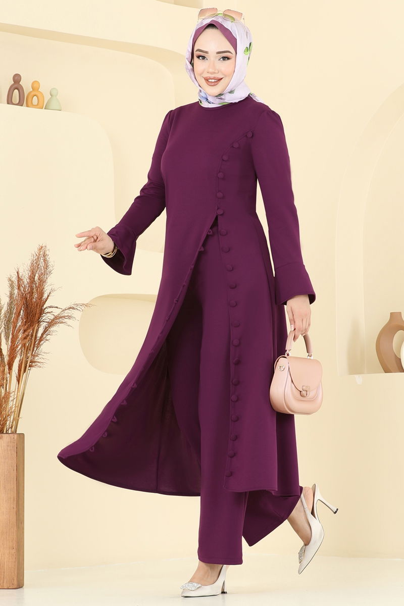 Düğme Detaylı Dabıl Takım ASM2817-MS Mürdüm