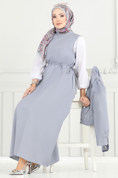 K.T.R. - Düğme Detaylı Elbise Takım 3056KTR750-MS Gri - 374192