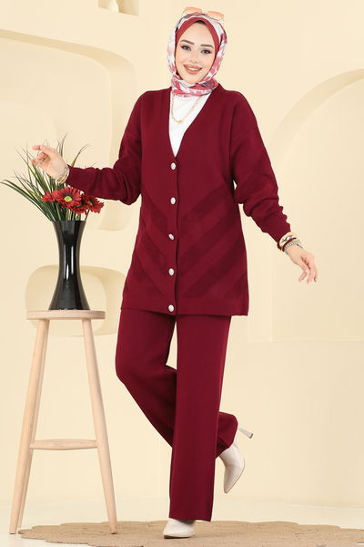 M.T. - Düğme Detaylı Triko Takım 1314MT581-MS Bordo - 410593